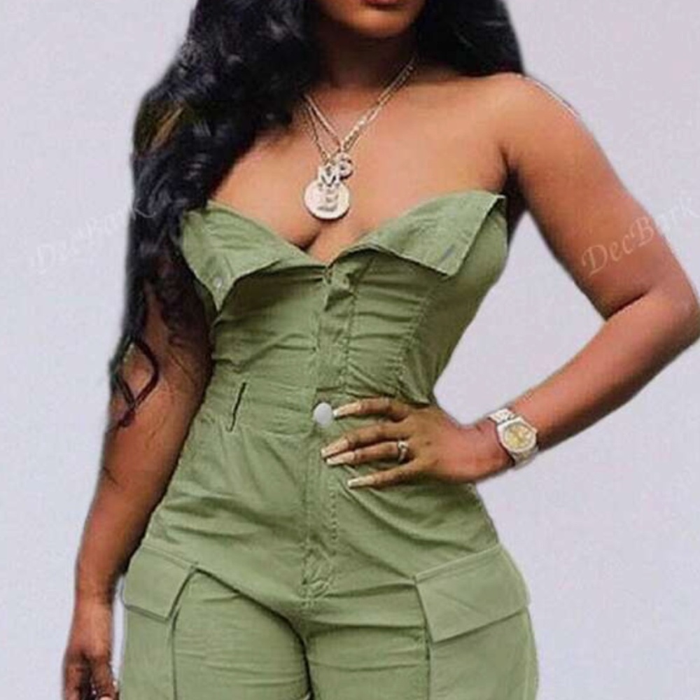 Women's Solid Color Button Half Front Jumpsuit Ca… - image 1